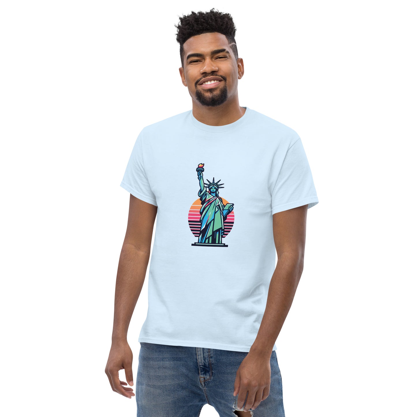 Men's classic Round Neck T-shirt printed Statue of Liberty