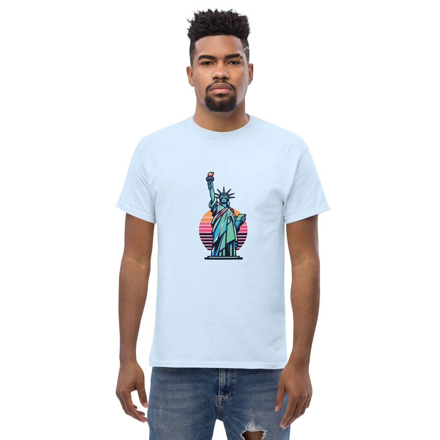 Men's classic Round Neck T-shirt printed Statue of Liberty