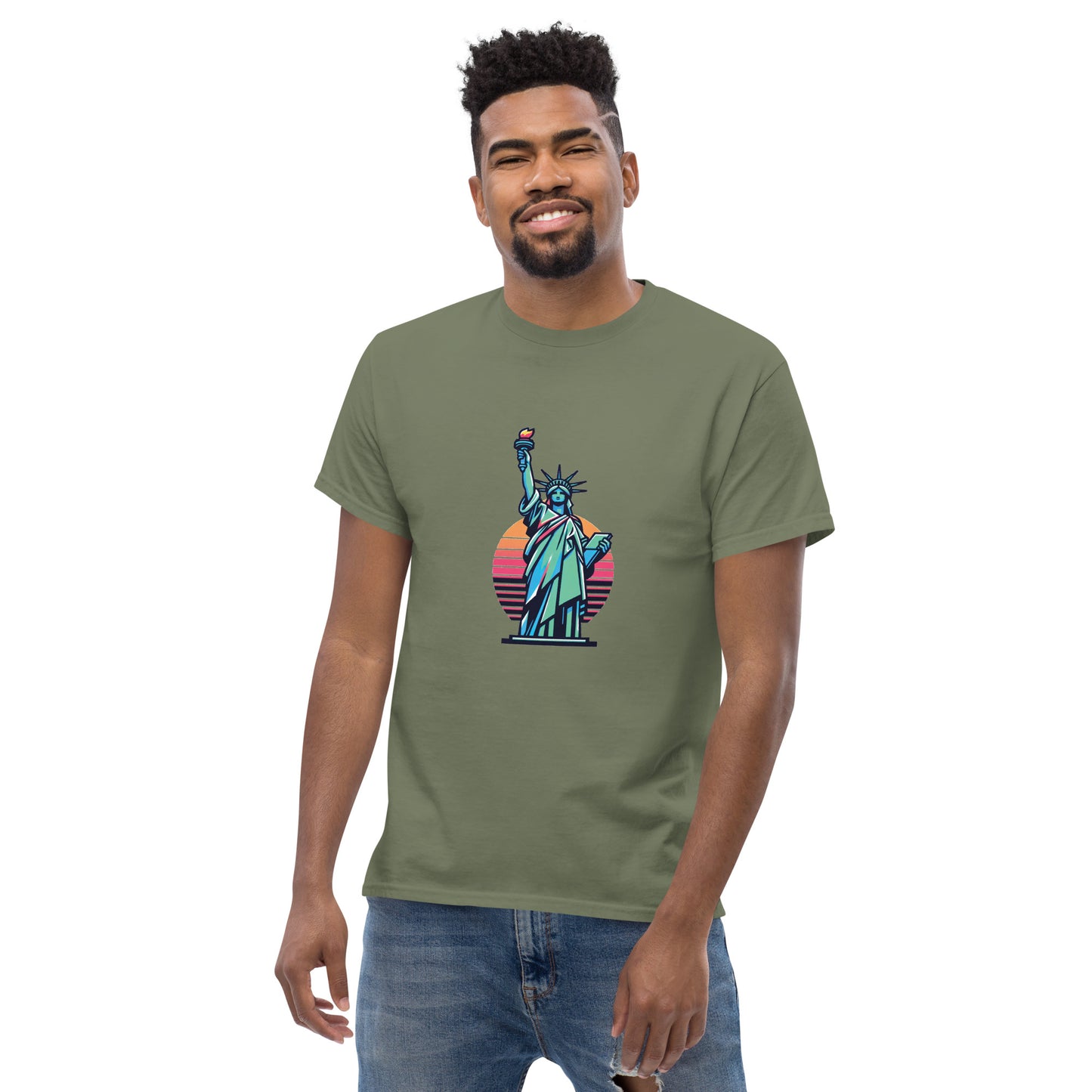 Men's classic Round Neck T-shirt printed Statue of Liberty