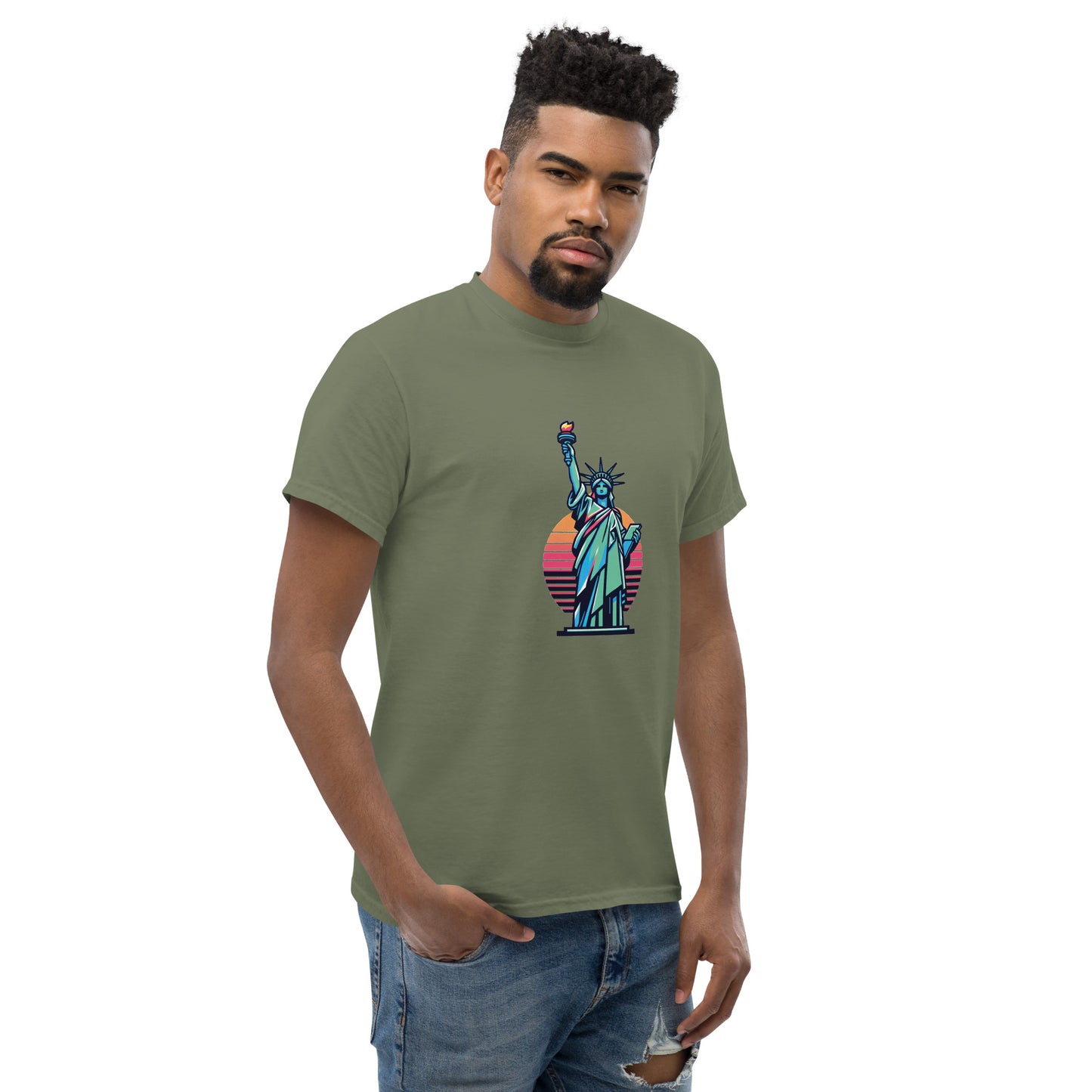 Men's classic Round Neck T-shirt printed Statue of Liberty