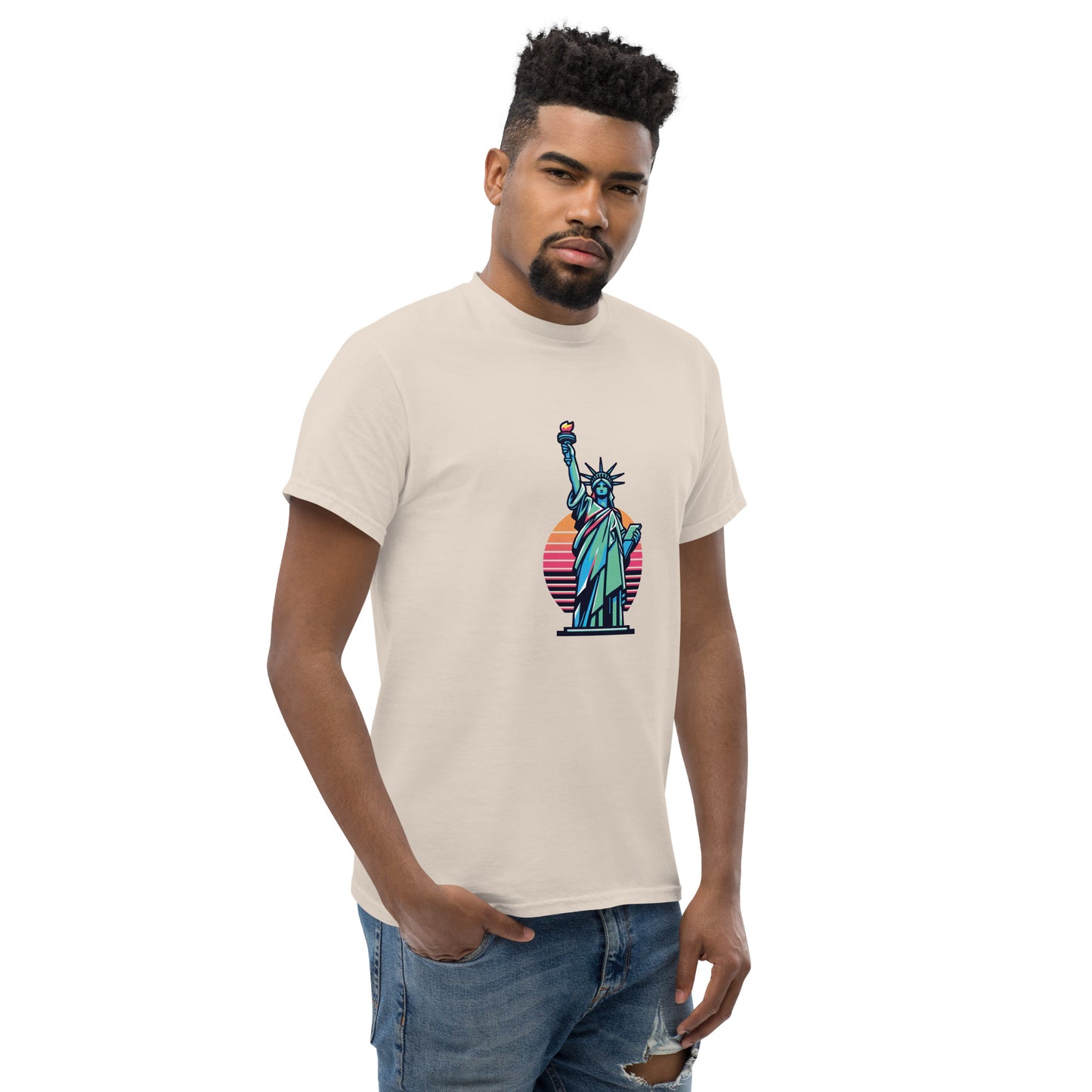 Men's classic Round Neck T-shirt printed Statue of Liberty