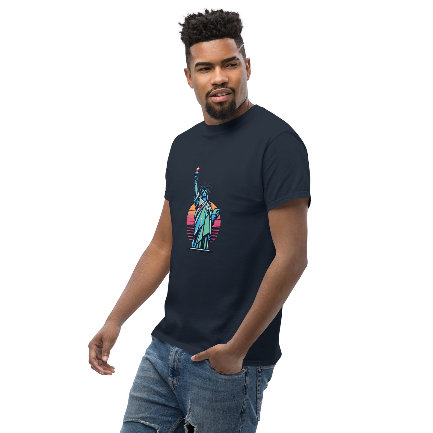 Men's classic Round Neck T-shirt printed Statue of Liberty