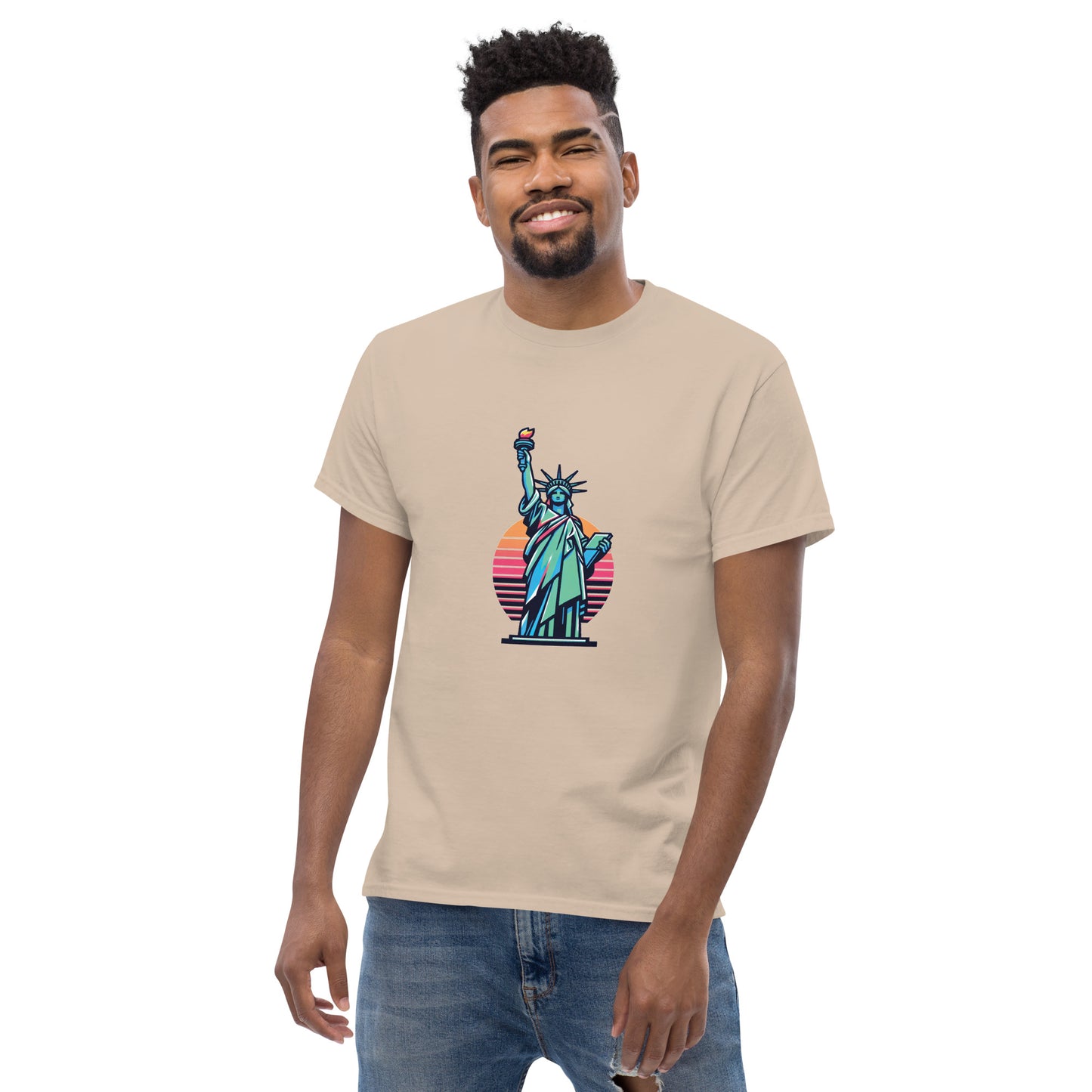 Men's classic Round Neck T-shirt printed Statue of Liberty