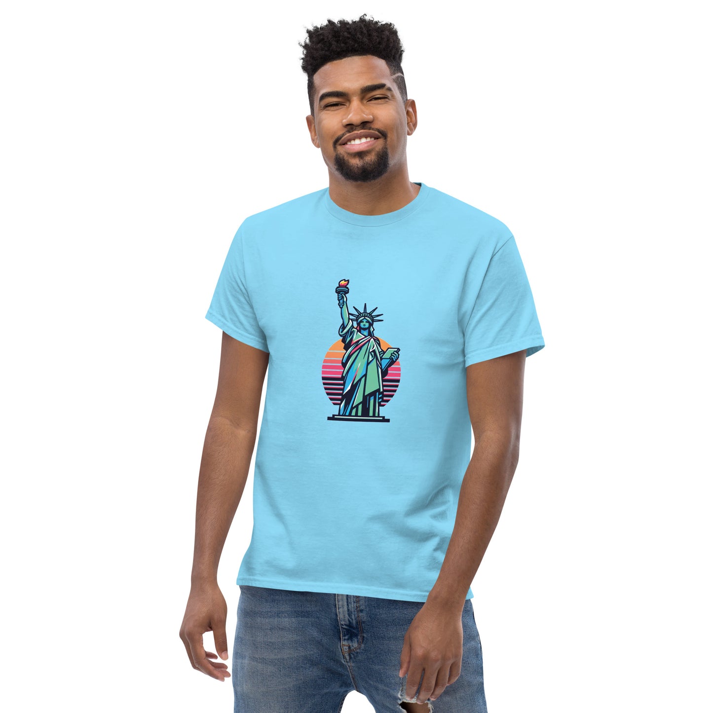 Men's classic Round Neck T-shirt printed Statue of Liberty