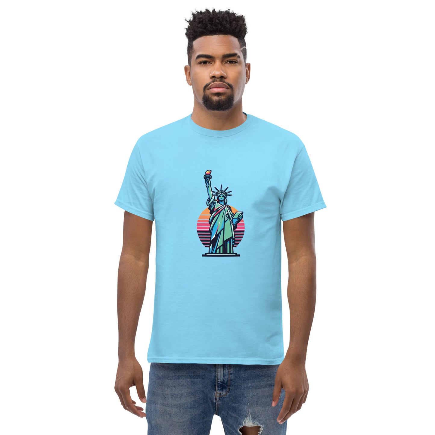 Men's classic Round Neck T-shirt printed Statue of Liberty