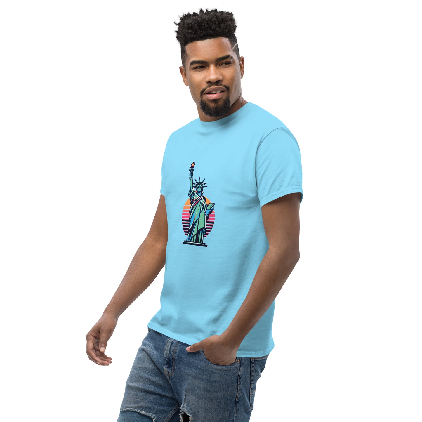 Men's classic Round Neck T-shirt printed Statue of Liberty