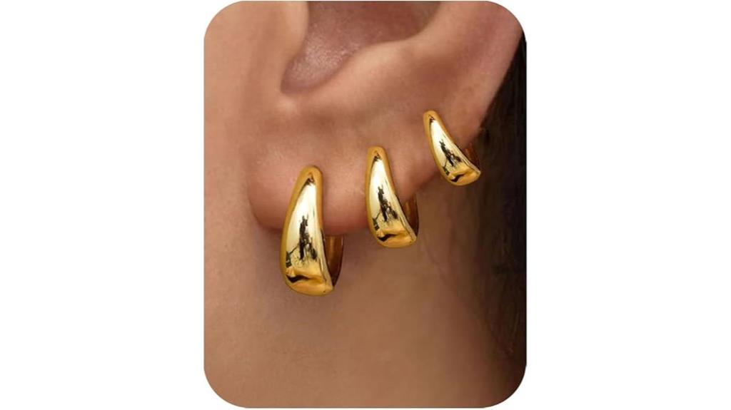 three pairs gold hoop earrings